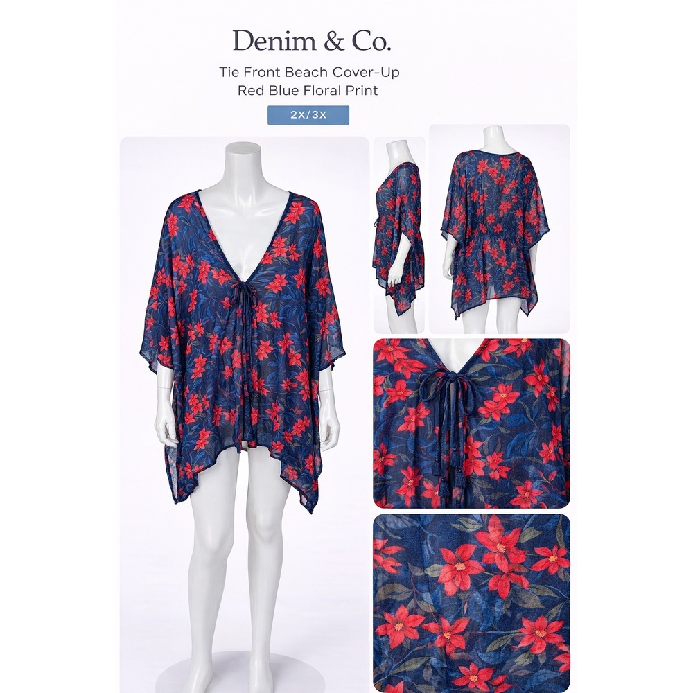 Denim & Co Womens Plus‎ 2X/3X Red Blue Floral Tie Front Beach Cover-Up A392628